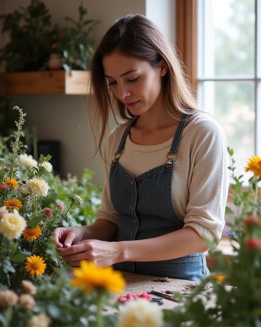 Owner of Blooming Delights Florist arranging flowers