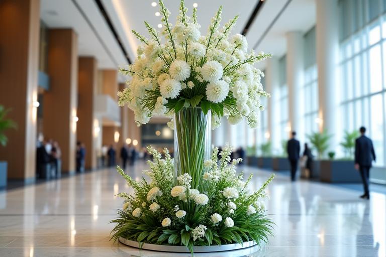 A large floral display in a corporate lobby