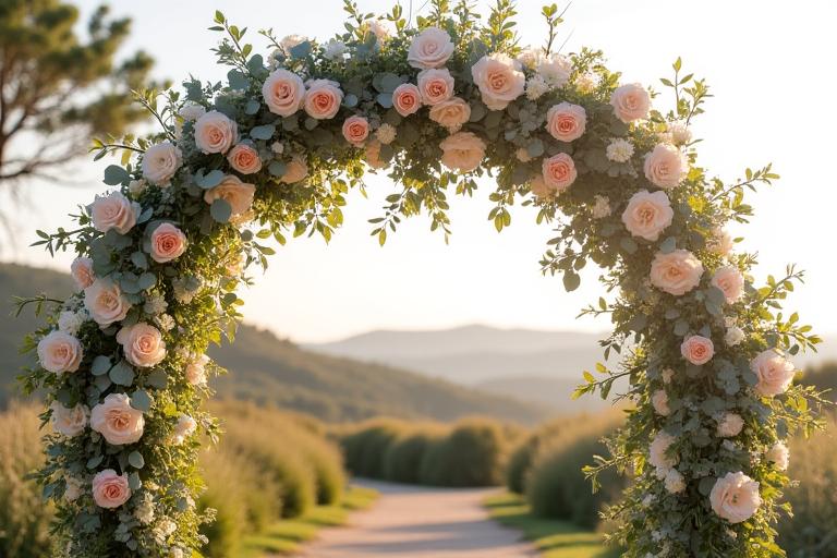 A floral wedding arch decorated with roses and eucalyptus